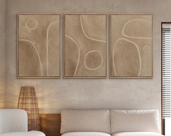 Framed Canvas Wasabi Wall Art Set of 3 Abstract Geometric Beige Japandi Prints Mid Century Modern Neutral Wall Art Prints Boho Wall Decor