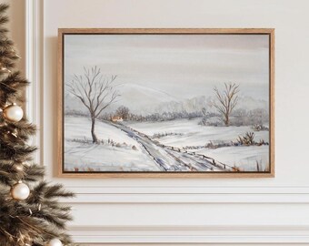 Framed Canvas Wall Art Snowy Winter Landscape Vintage Print Rustic Farmhouse Country Art Impressionist Oil Painting Christmas Holiday Decor
