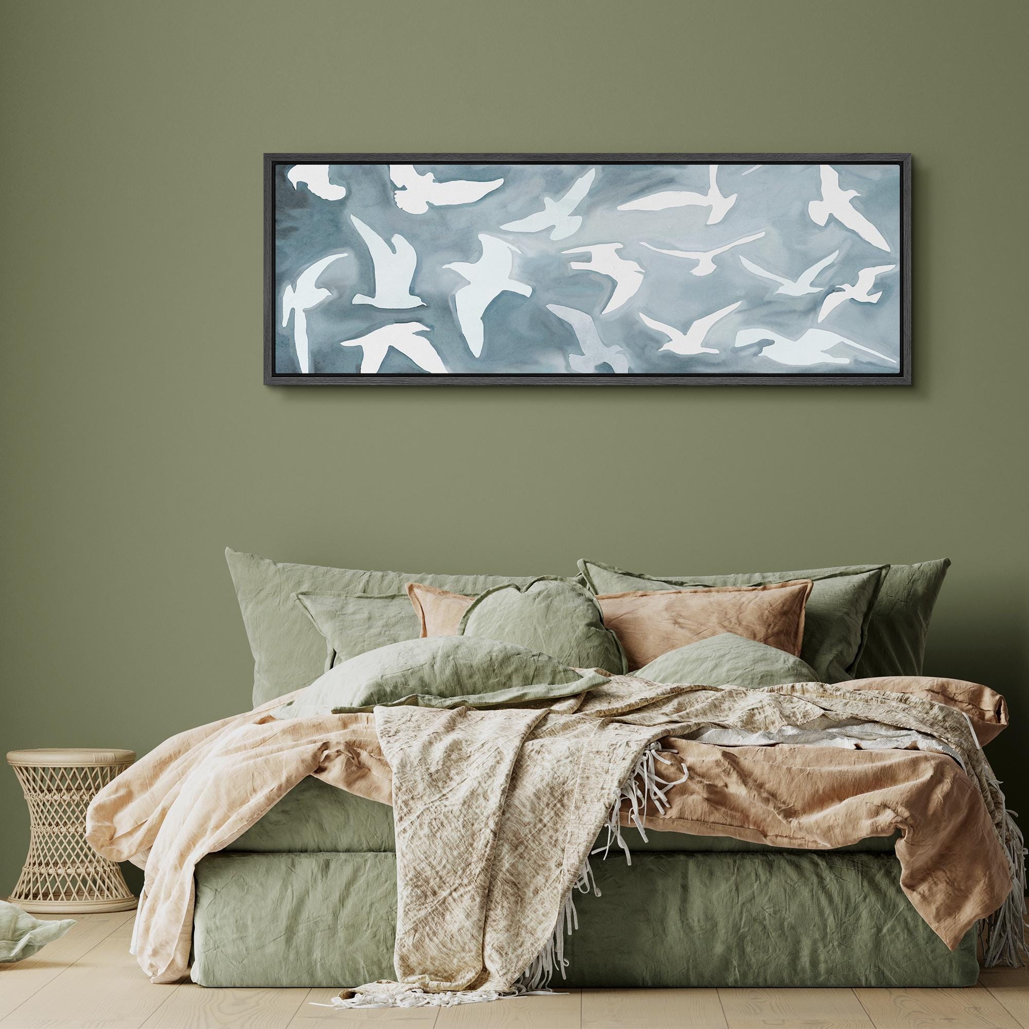 Framed Canvas Wall Art Abstract Blue White Heron Bird Flock Art Print ...