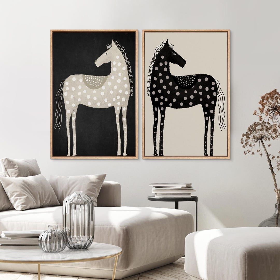 2 Pieces Framed Canvas Wall Art Abstract Black Horse Animal Art ...