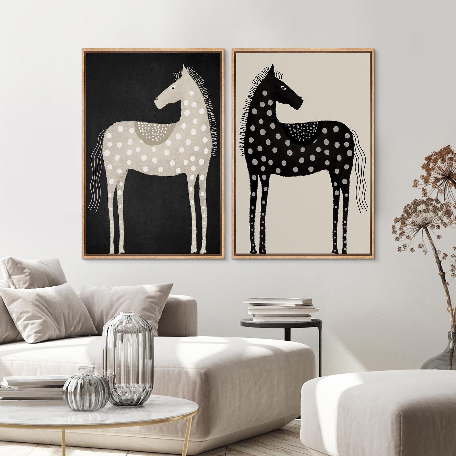 2 Pieces Framed Canvas Wall Art Abstract Black Horse Animal Art ...