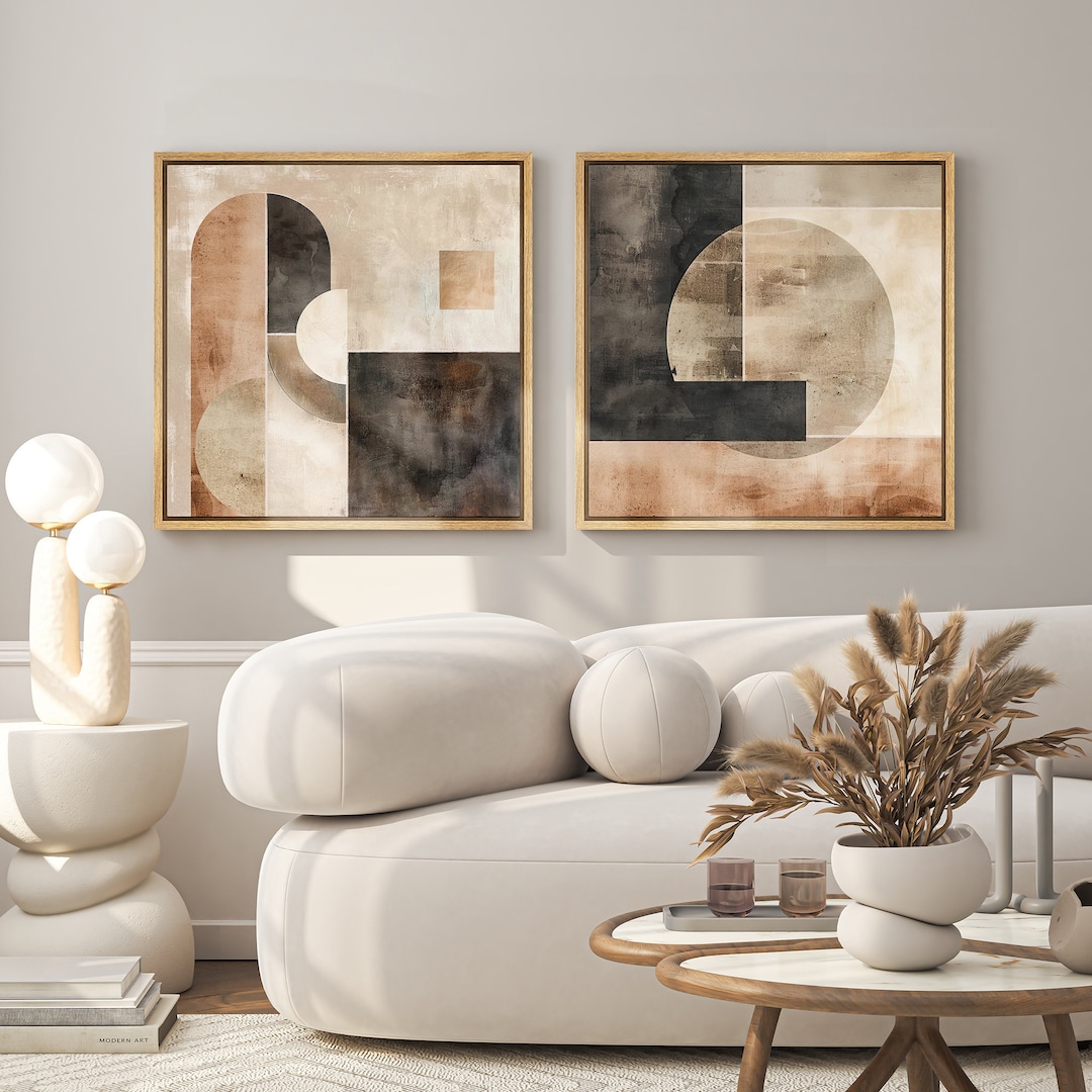 2 Pieces Framed Canvas Wall Art Prints Abstract Beige Brown Geometric ...