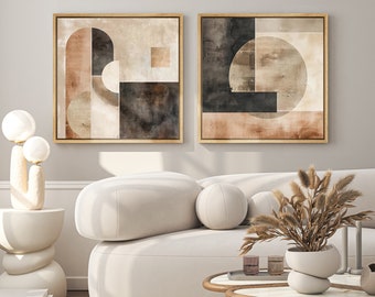 2 Pieces Framed Canvas Wall Art Prints Abstract Beige Brown Geometric Minimalist Modern Neutral Wall Art Living Room Decor