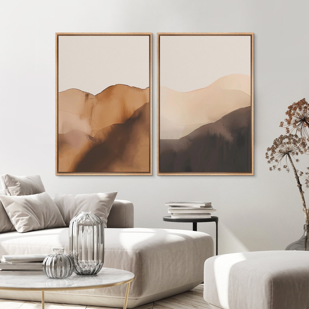 2 Pieces Framed Canvas Wall Art Abstract Beige Brown Art Prints ...