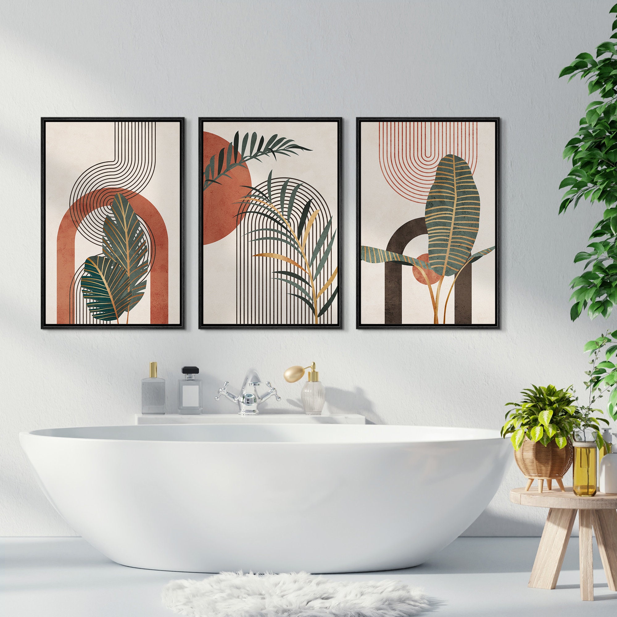 Framed Modern Botanical Wall Art Set of 3, Tropical Leaf Geometric ...