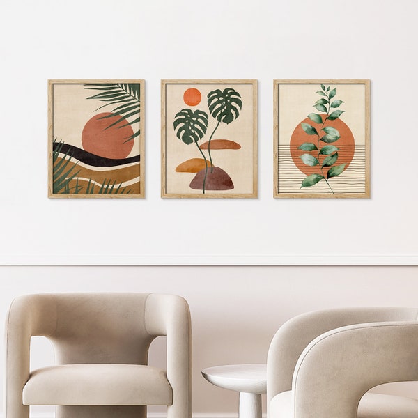 Framed Prints Wall Art Set of 3 Abstract Landscape Gallery Wall Art Mid-Century Modern Digital Print Boho Wall Art Living Room Decor