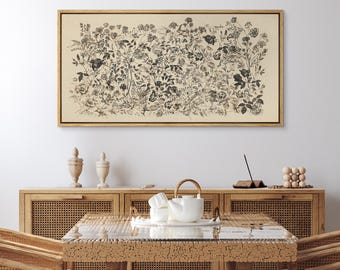 Arte mural con líneas florales botánicas: lienzo vintage de flores silvestres enmarcado en negro y beige, obra rústica para decorar la sala de estar o el dormitorio.