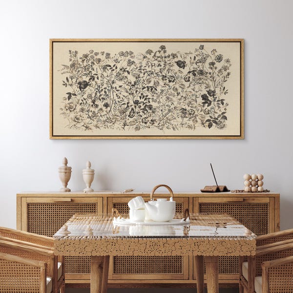 Botanical Floral Line Wall Art - Large Framed Black & Beige Vintage Wildflower Canvas Print, Rustic Artwork for Living Room or Bedroom Decor