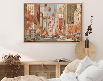 Vintage NYC Thanksgiving Parade Framed Wall Art, Retro New York City Fall Holiday Canvas Print, Nostalgic Autumn Home Decor