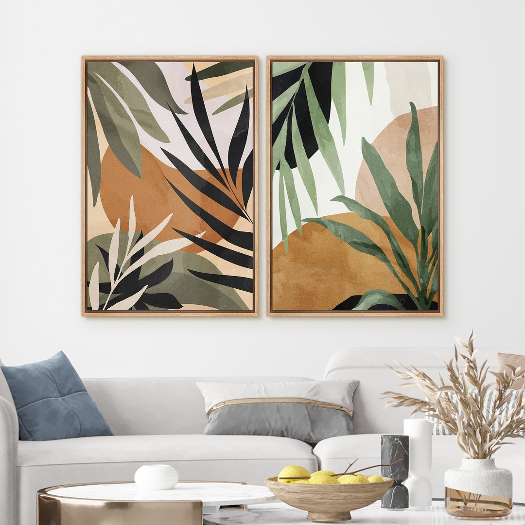 Framed Canvas Wall Art Set of 2 Tropical Palm Leaves Print Botanical ...