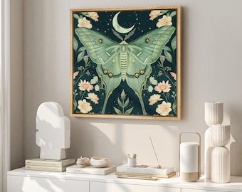 Framed Canvas Wall Art Print Abstract Green Butterfly Wildflower Floral Art Print Minimalist Modern Boho Wall Art Living Room Decor