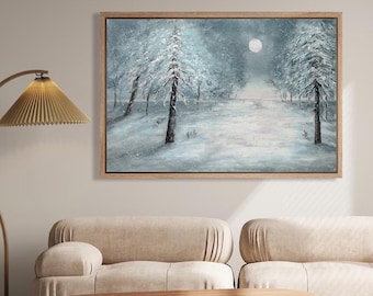 Framed Canvas Wall Art Snowy Winter Landscape Vintage Print Rustic Farmhouse Country Art Impressionist Oil Painting Christmas Holiday Decor