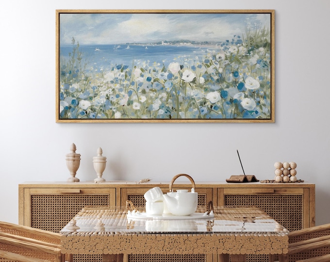 Coastal Wildflower Wall Art - Large Framed Seaside Canvas Print, Blue & White Floral Landscape for Beach House or Living Room Decor