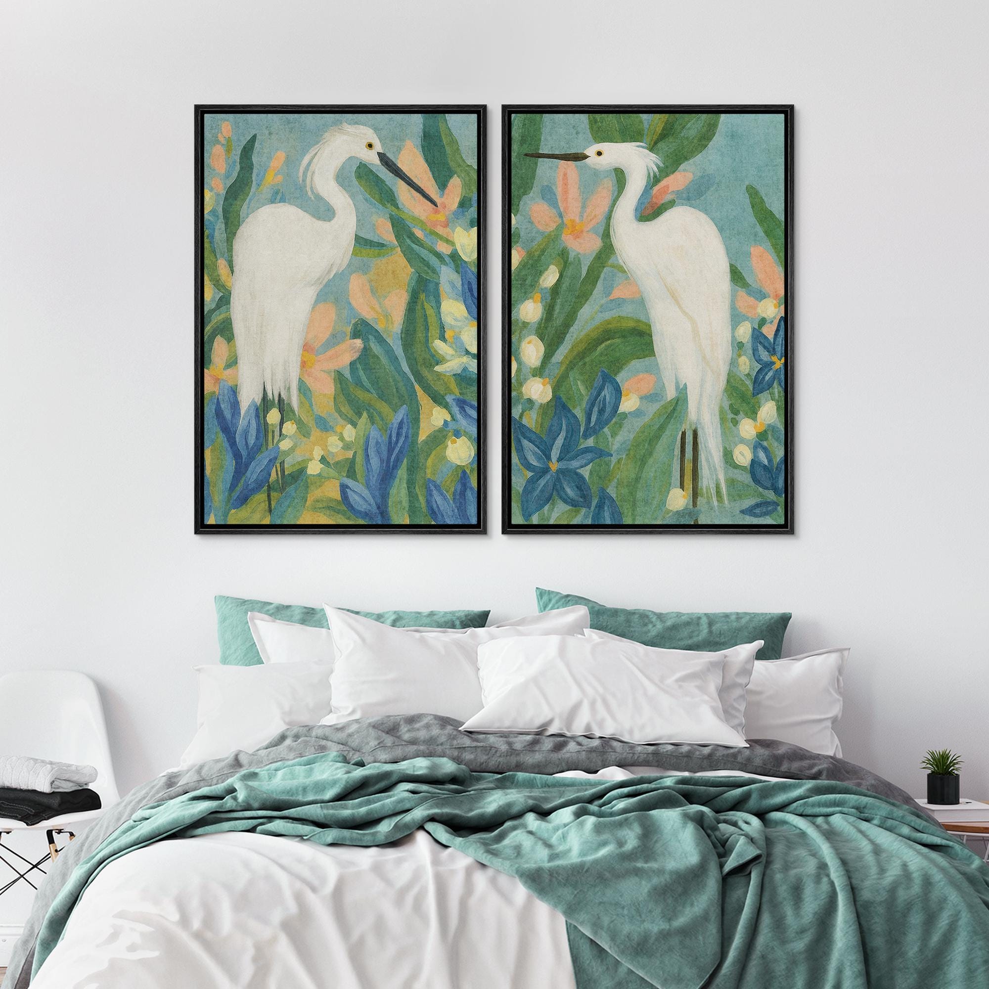 White Egret Wall Art - Set of 2 Framed Tropical Bird & Floral Canvas ...