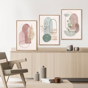 Frame Canvas Wall Art Set of 3 Geometric Pastel Palm Leaf Prints Boho Wall Art Mid Century Modern Wall Art Abstract Botanical Floral Decor