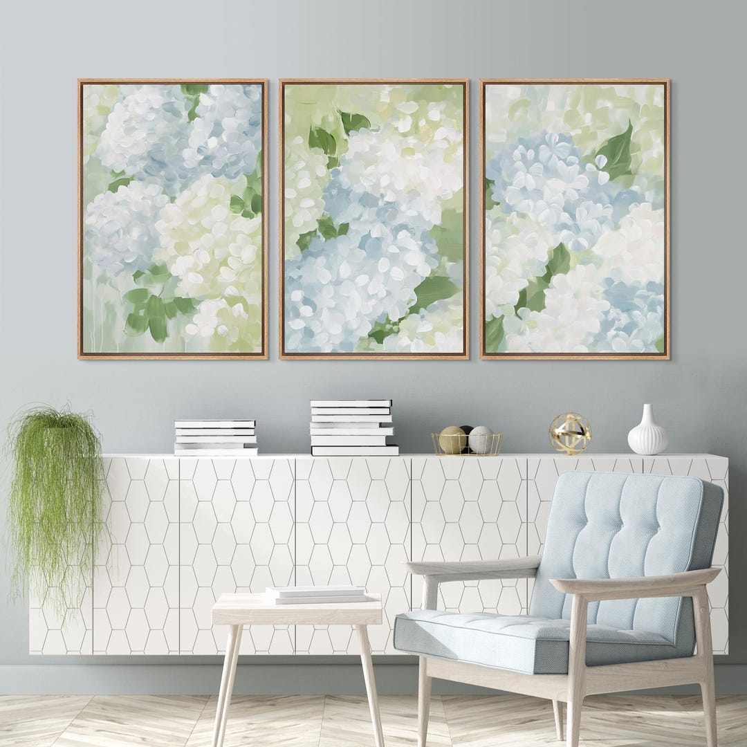 Hydrangea Wall Art - Set of 3 Framed Botanical Canvas Prints, Soft Blue ...