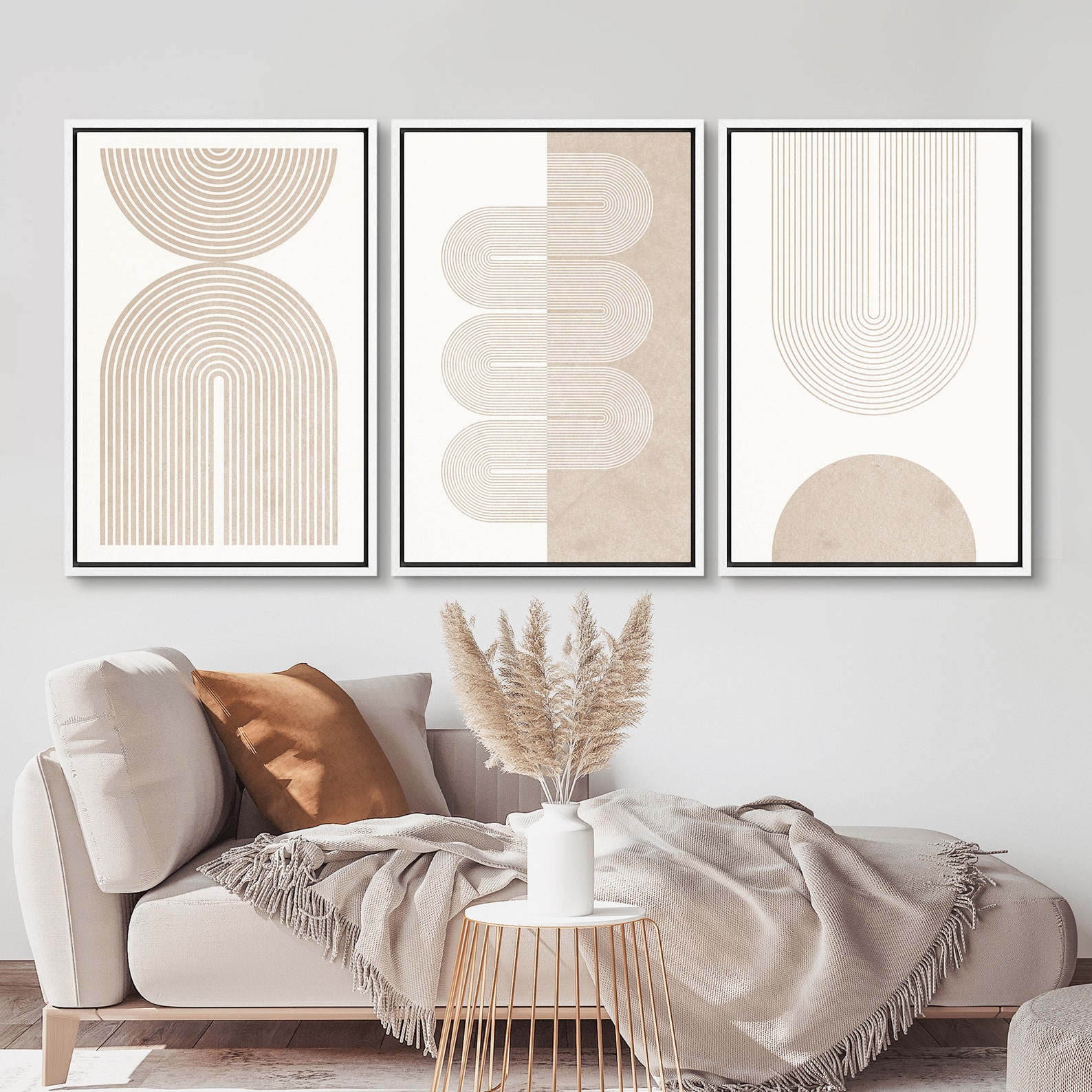 Framed Canvas Wall Art Set of 3 Geometric Beige Spiral Wave Mid Century ...