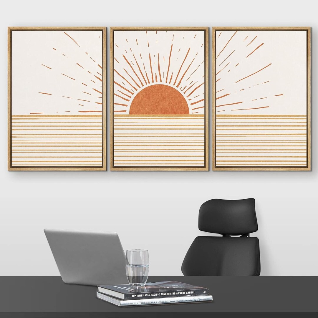 Framed Canvas Wall Art Set of 3 Boho Wall Art Prints Sun With Rays ...