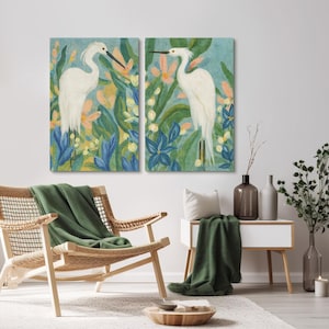 White Egret Wall Art - Set of 2 Framed Tropical Bird & Floral Canvas Prints, Coastal Botanical Decor for Beach House or Living Room Set of 2 - Canvas