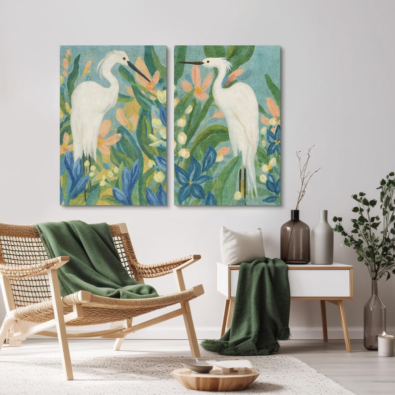 White Egret Wall Art - Set of 2 Framed Tropical Bird & Floral Canvas Prints, Coastal Botanical Decor for Beach House or Living Room Set of 2 - Canvas