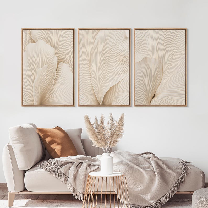 Neutral Wall Art, Botanical Art, Set of 3 Framed Canvas Beige Flower ...