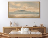 Large Framed Calm Coastal Seascape Wall Art, Minimal Ocean Landscape Canvas Print, Soft Neutral Sea & Island Artwork, Serene Beach Decor