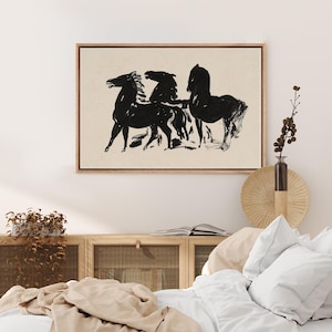 Framed Canvas Wall Art Vintage Black Horses Art Print, Black Horse Wall Art, Horses Painting, Horse Etching, Abstract Animal Art