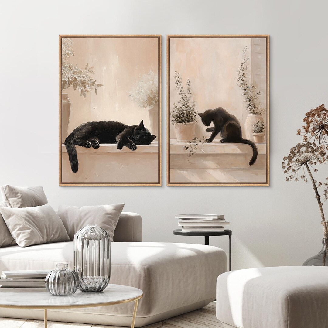 Black Cat Wall Art Set of 2, Framed Neutral Cat & Botanical Canvas ...