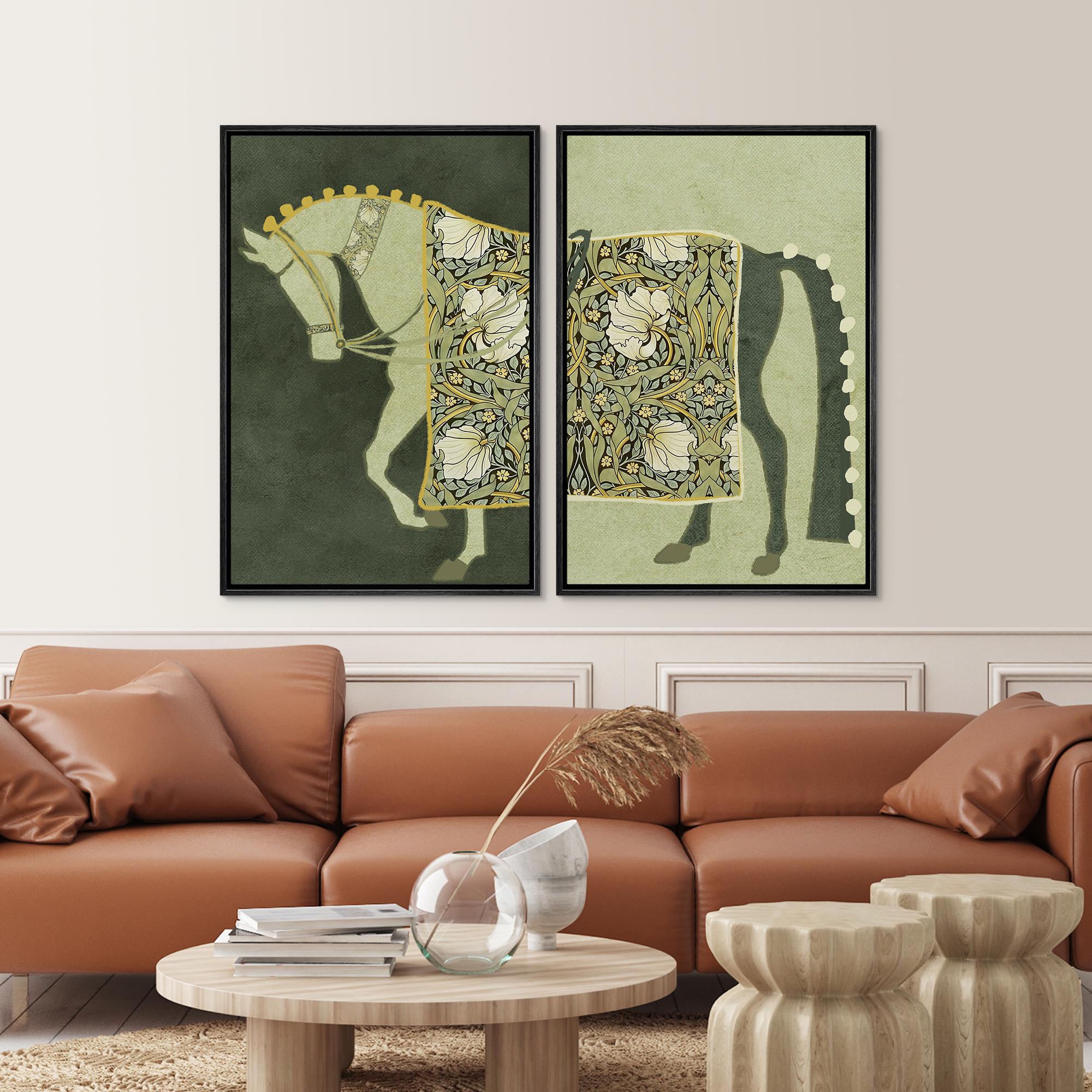 Framed Canvas Wall Art Prints Set of 2 Abstract Green Pimpernel