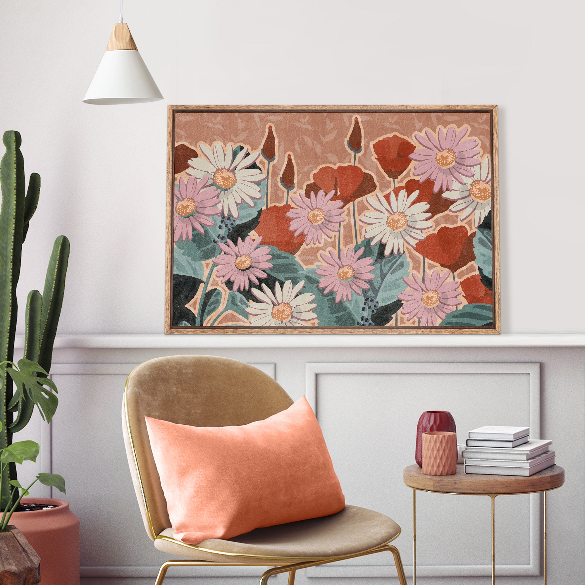 Framed Canvas Wall Art Daisy Flowers, Garden Decor, Abstract Botanical ...