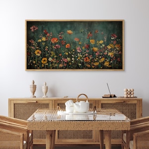 Large Wall Art Prints Framed Canvas Wildflower Filed Painting Vintage Floral Botanical Landscape Artwork Nature Farmhouse Wall Decor