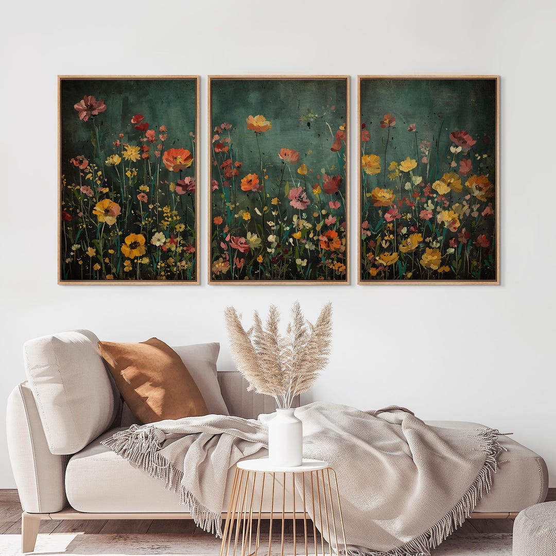 Framed Moody Floral Wall Art Set of 3, Dark Green Botanical Canvas ...