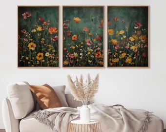 Framed Moody Floral Wall Art Set of 3, Dark Green Botanical Canvas Prints, Vintage Garden Flower Decor for Living Room or Bedroom