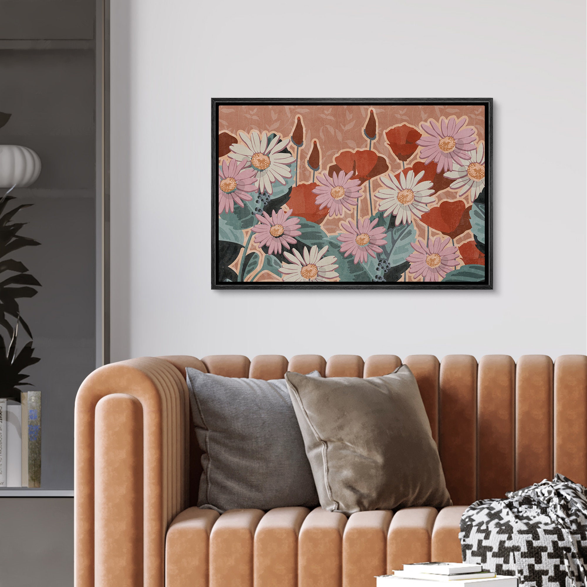 Framed Canvas Wall Art Daisy Flowers, Garden Decor, Abstract Botanical ...