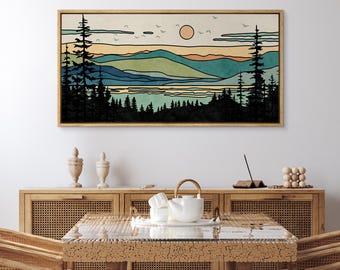 Framed Canvas Large Wall Art Prints Abstract Mountain Sunset Landscape Prints Mid Century Modern Horizontal Wall Art Boho Decor