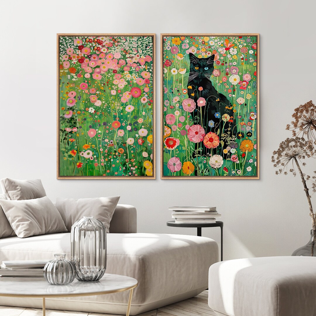 2 Pieces Framed Canvas Wall Art Gustav Klimt Black Cat in Wildflower ...
