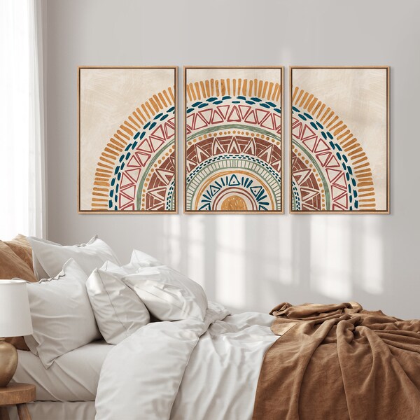 Mid-Century Sun Art Set of 3 Piece Framed Canvas Wall Art Sun Geometric Pattern Print Minimalist Home Artwork Neutral Boho Decor for Bedroom