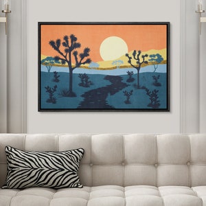 K&ouml;nnte beinhalten: Ein digitaler Kunstdruck eines W&uuml;stenlandschafts mit untergehender Sonne, einem gewundenen Fluss und silhouettenartigen Joshua-B&auml;umen. Die Farben sind ein warmes Orange, Gelb und Blau.