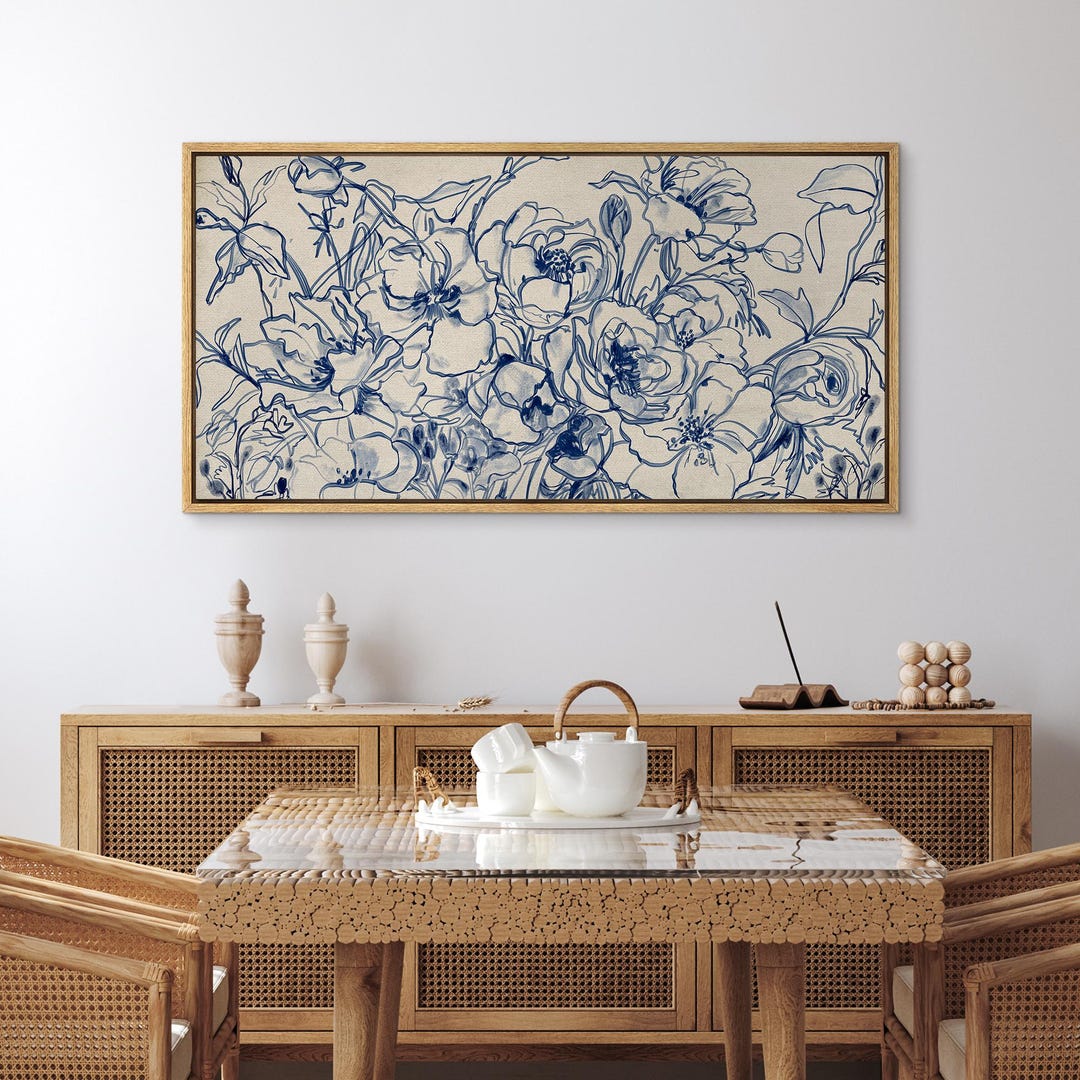 Framed Canvas Large Wall Art Abstract Blue Botanical Flower Artwork ...