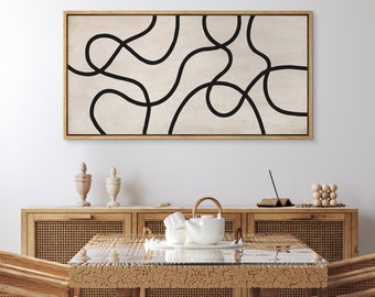 Framed Canvas Large Wall Art Black and Beige Geometric Line Horizontal Art Prints Minimalist Modern Panoramic Wall Art Neutral Wall Decor