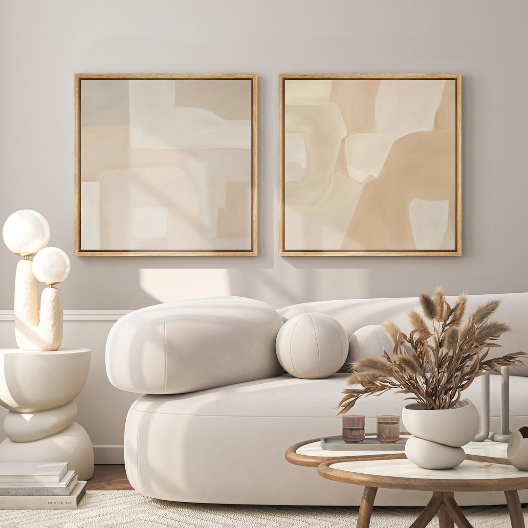 2 Pieces Framed Canvas Wall Art Abstract Black Beige Brown Geometric ...