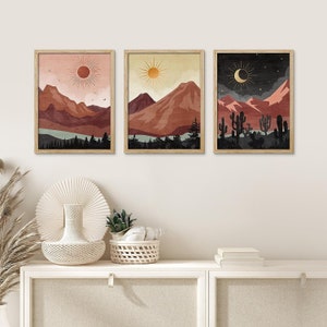 Framed Prints Wall Art Set of 3, Abstract Mountain Desert Landscape Prints, Mid Century Modern Art Prints, Boho Wall Decor, Western Decor