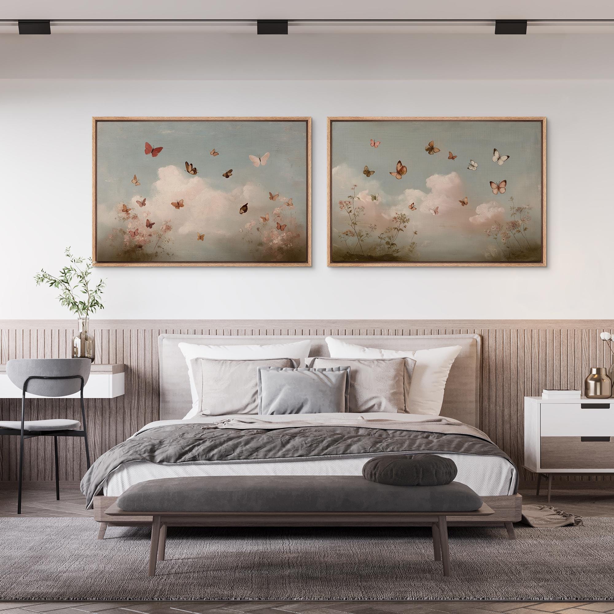 Butterfly Wall Art Set of 2, Framed Romantic Pastel Sky & Flower Canvas ...