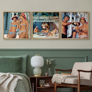 May include: Three framed vintage photographs depicting scenes of people at a beach. The photos show people in swimwear, drinking, and relaxing. The images are in a retro style, with a focus on leisure and vacation.