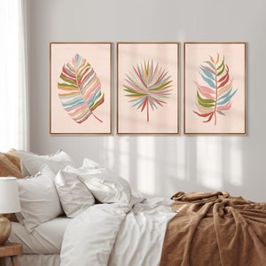 Tropical Rainbow Palm Leaf, Mid-Century Modern, Abstract, Botanical Floral Wall Art, Nature, Wilderness Artwork, Canvas Wall Art, Set of 3