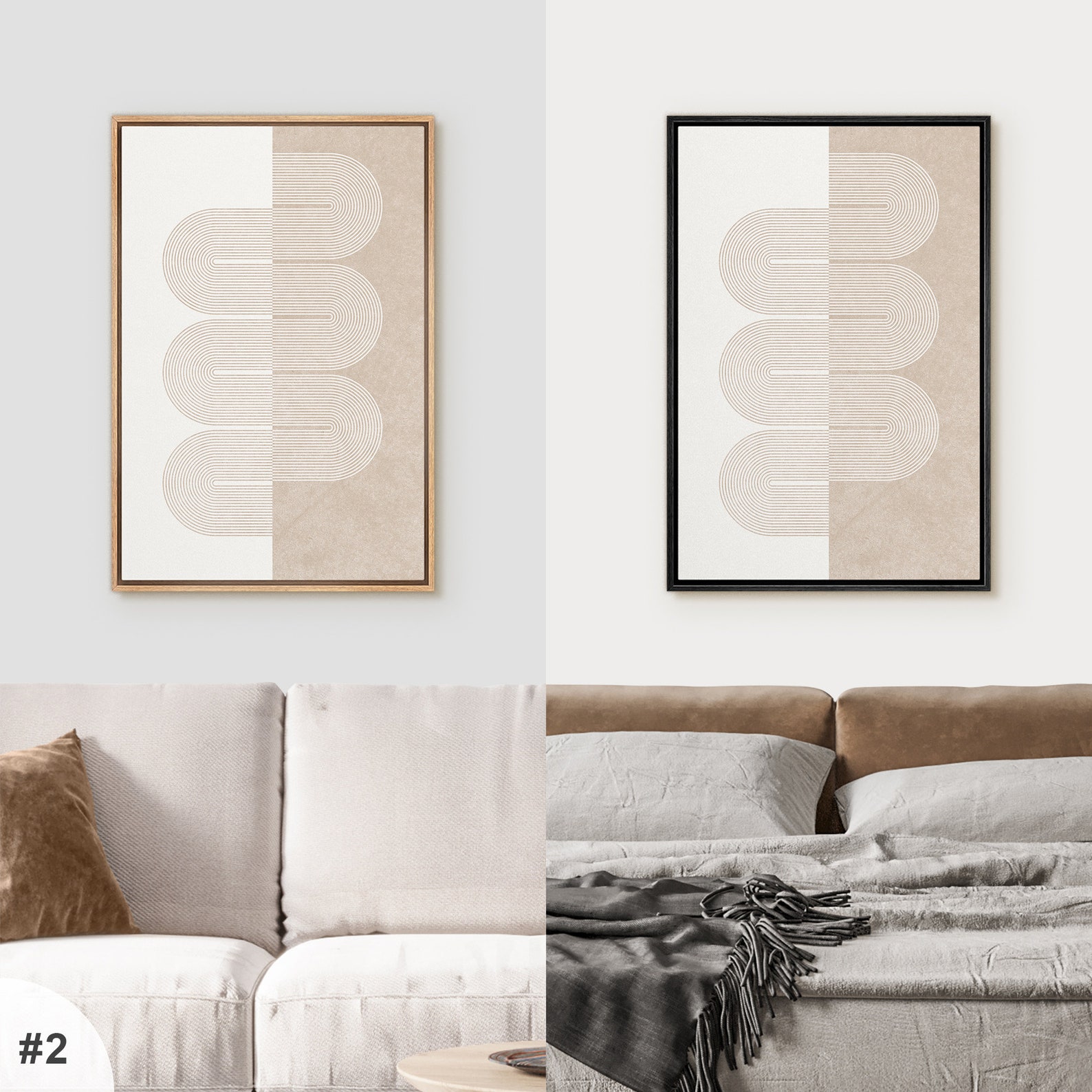 Framed Canvas Wall Art Set of 3 Geometric Beige Spiral Wave Mid Century ...