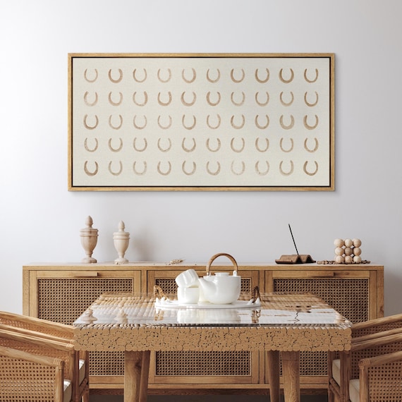 Large Framed Lucky Horseshoe Wall Art, Minimalist Good Luck Symbol Canvas Print, Neutral Modern Boho Horizontal Decor