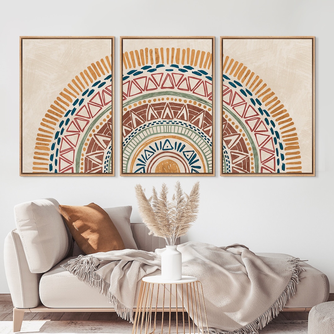 Framed Canvas Wall Art Set of 3 Sun Geometric Pattern Artwork Print ...