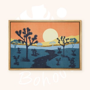 K&ouml;nnte beinhalten: Ein gerahmter Druck eines W&uuml;stenlandschafts mit einem Sonnenuntergangshimmel, einem gewundenen Fluss und silhouettierten Joshua-B&auml;umen. Der Himmel ist ein Farbverlauf von Orange, Gelb und Blau. Der Fluss ist dunkelblau und die B&auml;ume sind schwarz. Der Druck ist in einem Holzrahmen.