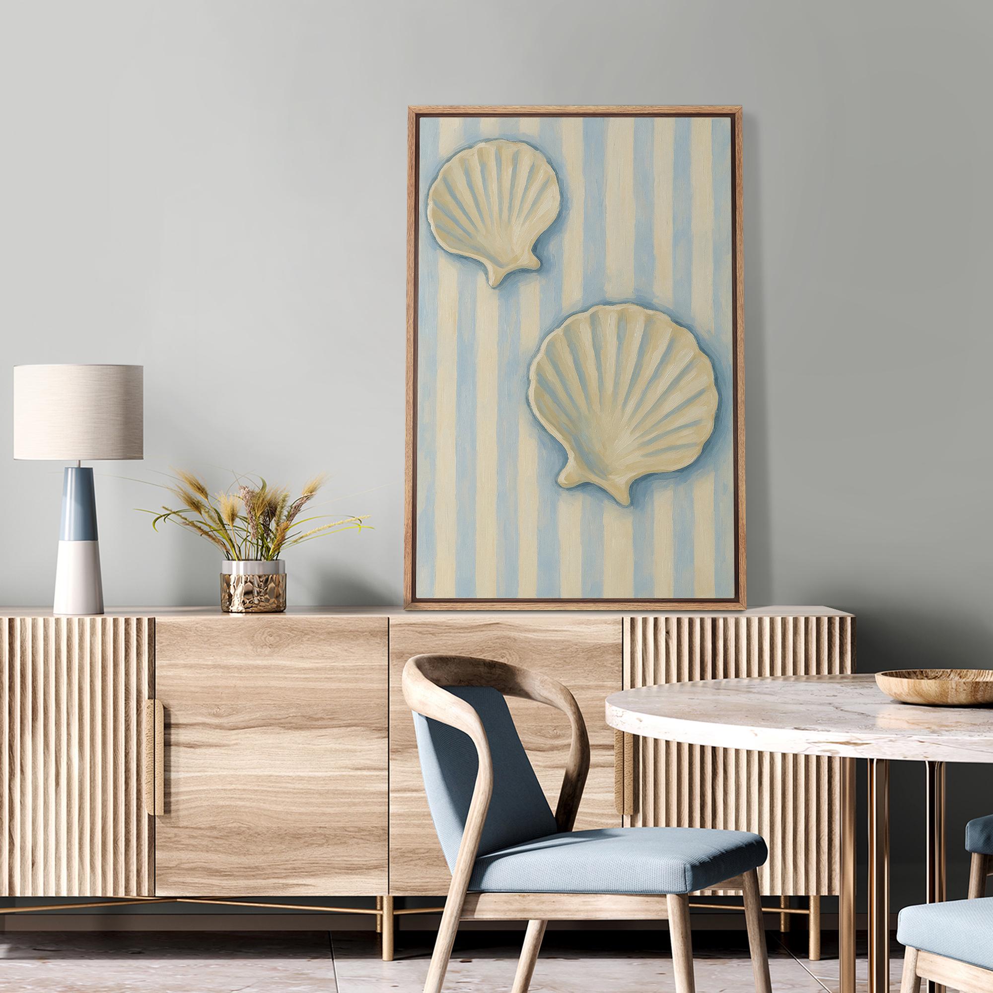 Coastal Seashell Stripes Wall Art - Framed Blue & Beige Scallop Shells ...